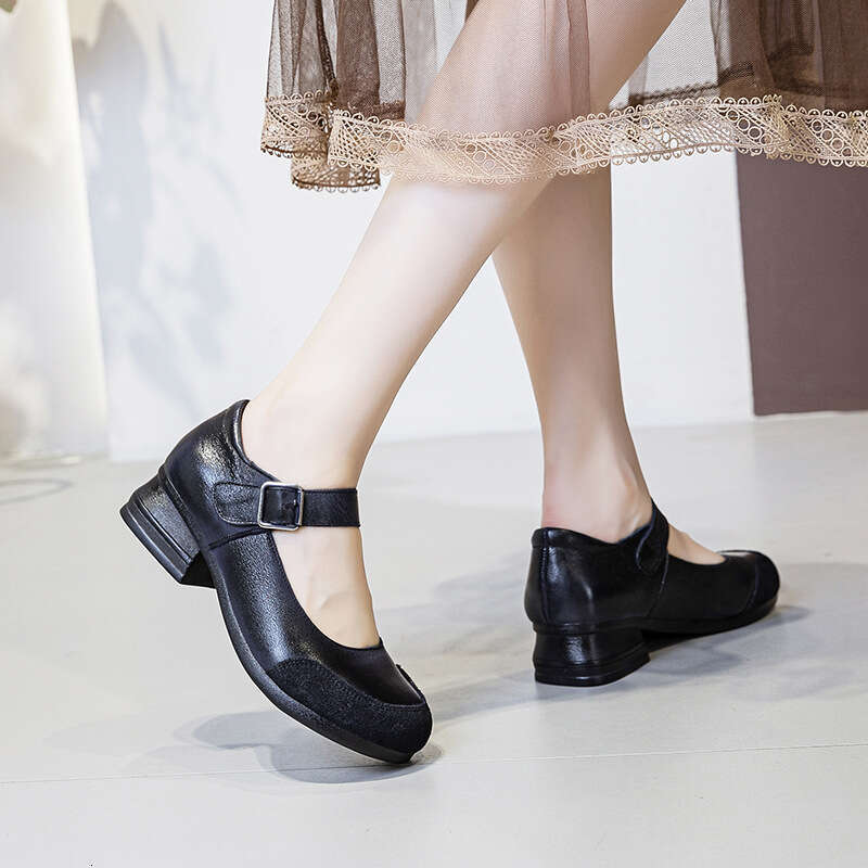 Cute Patchwork French Round Toe Breathable One-Strap Mom Women's Top Layer Cowhide Versatile Leather Shoes