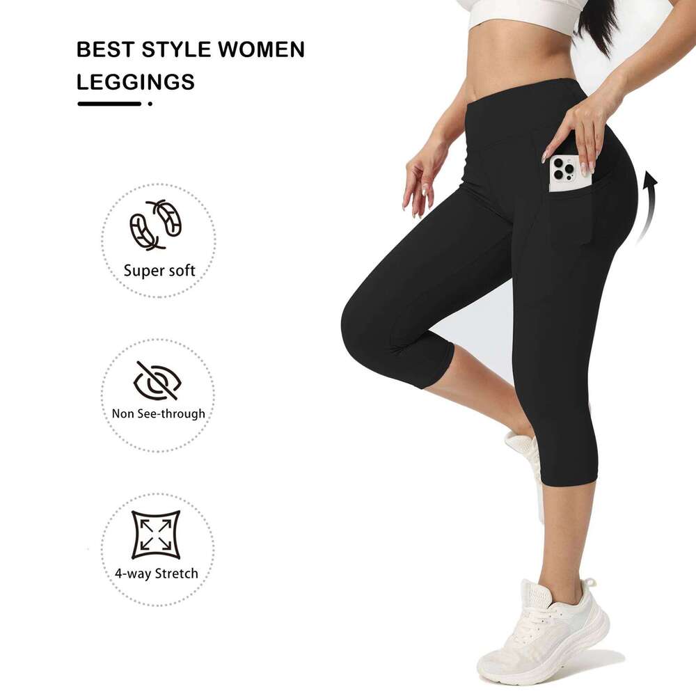High Waist Fiess Capri Legging for Women Quick Drying Cycling Cropped trousers Yoga Sport Pants Side pocket