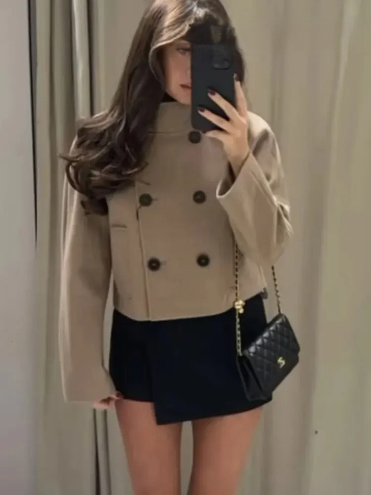 Winter Khaki Women's Loose Jacket Fashionable Stand Collar Long Sleeve Double Breasted Casual Jacket Women's Short Coat