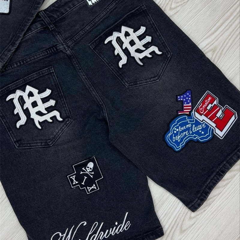 Streetwear Vintage Denim Shorts Y2K Jeans Hip Hop Cartoon Letter Embroidery Retro Black Baggy Short Low Waist Over The Knee Pant y250819