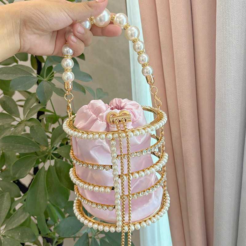 French Style Hollow Silk Satin Shiny Watercress Basket Banquet Pearl Bucket Handheld Crossbody Bag