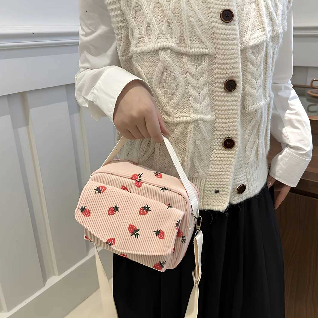 Cute Strawberry Print Corduroy Crossbody Bag Versatile Small Shoulder Purse Perfect for Daily Use Work Casual Travel Outings Y250819
