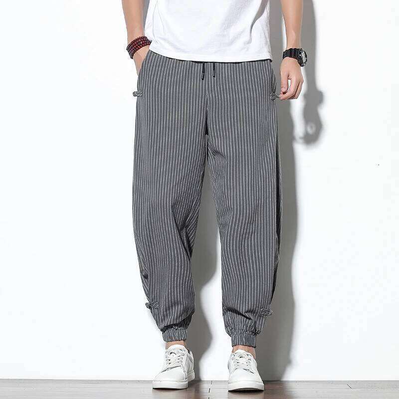 Spring Summer Disc Striped Harem Mens Breathable Cotton Linen Pencil Pants Buckle Casual Bloomers Fashion Trousers