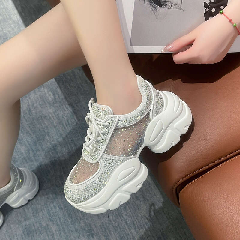 2023 Summer Breathable Thin Women's Trendy Mesh Round Toe Rhinestone Platform Thick Sole Casual Sports Dad Shoes for Women