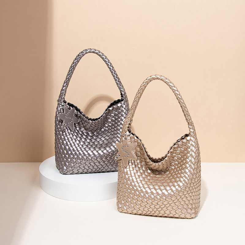 Free Shipping Designer's New High-end Versatile Champagne Gold Woven Tote Bag Women's Large Capacity Commuting Bucket Bag Hand-held Shoulder