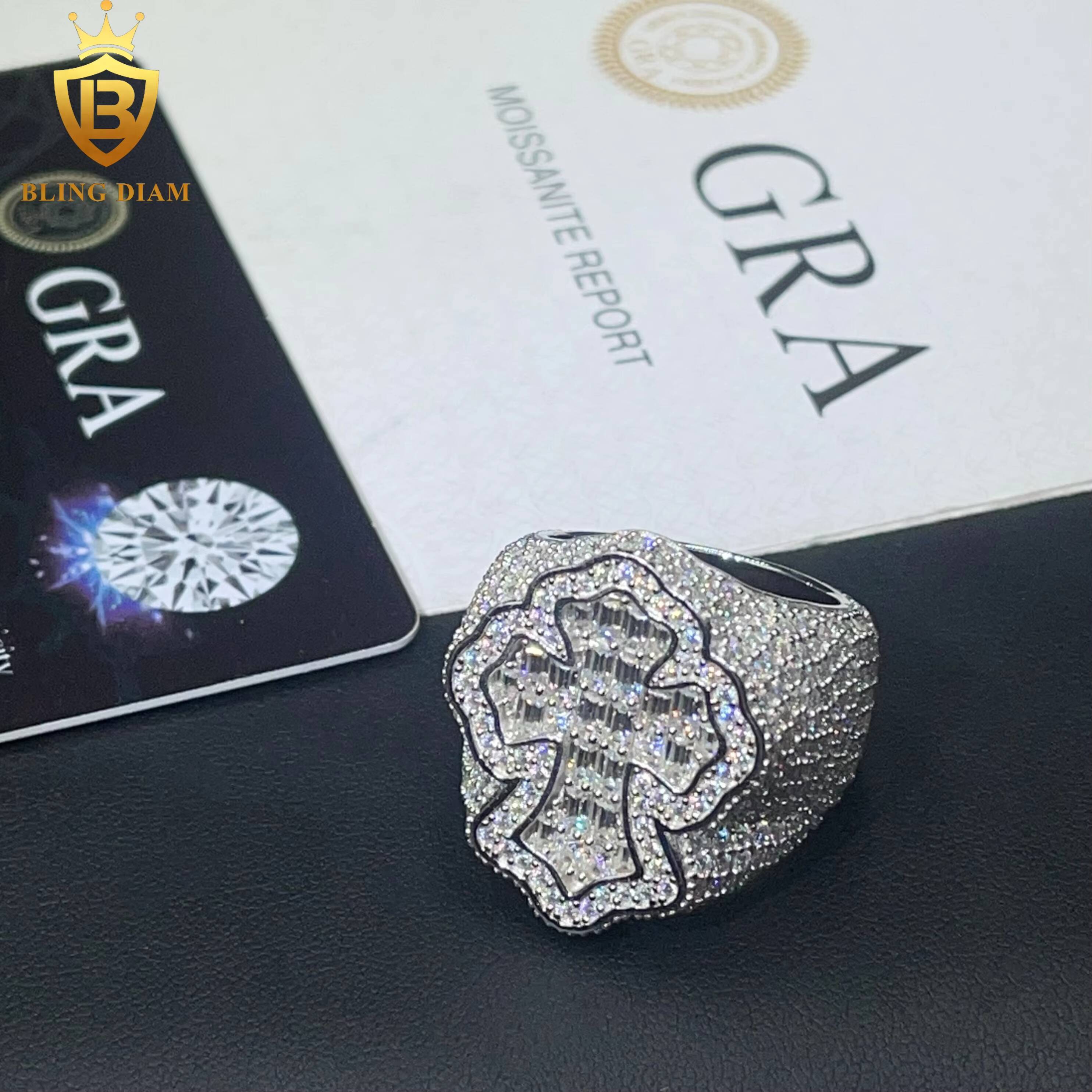 Hot Sale Hip Hop Jewelry Ring 925 Silver Ice Out VVS Moissanite Fully Diamond Mens Cross Rings
