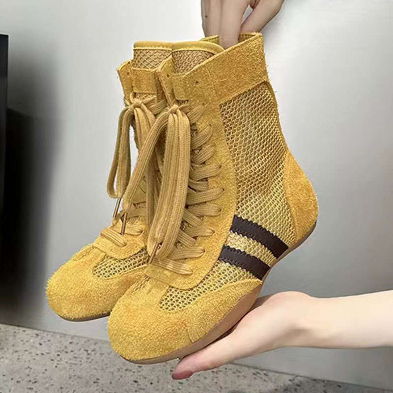 2025 New Breathable Boxing for Women Fishnet Martin Mid-Calf Hollow Mesh Boots Casual Sports High-Top Training Shoes