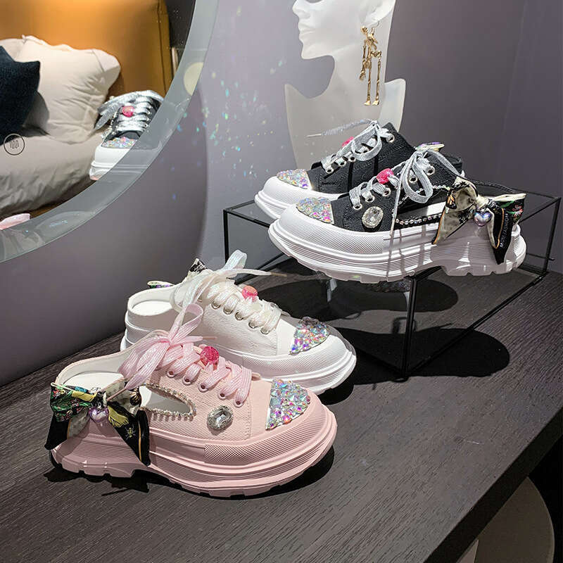 2023 Summer New Fashion Women's Lace-up Casual Slippers Versatile Mid-Heel Breathable Rhinestone White Shoes