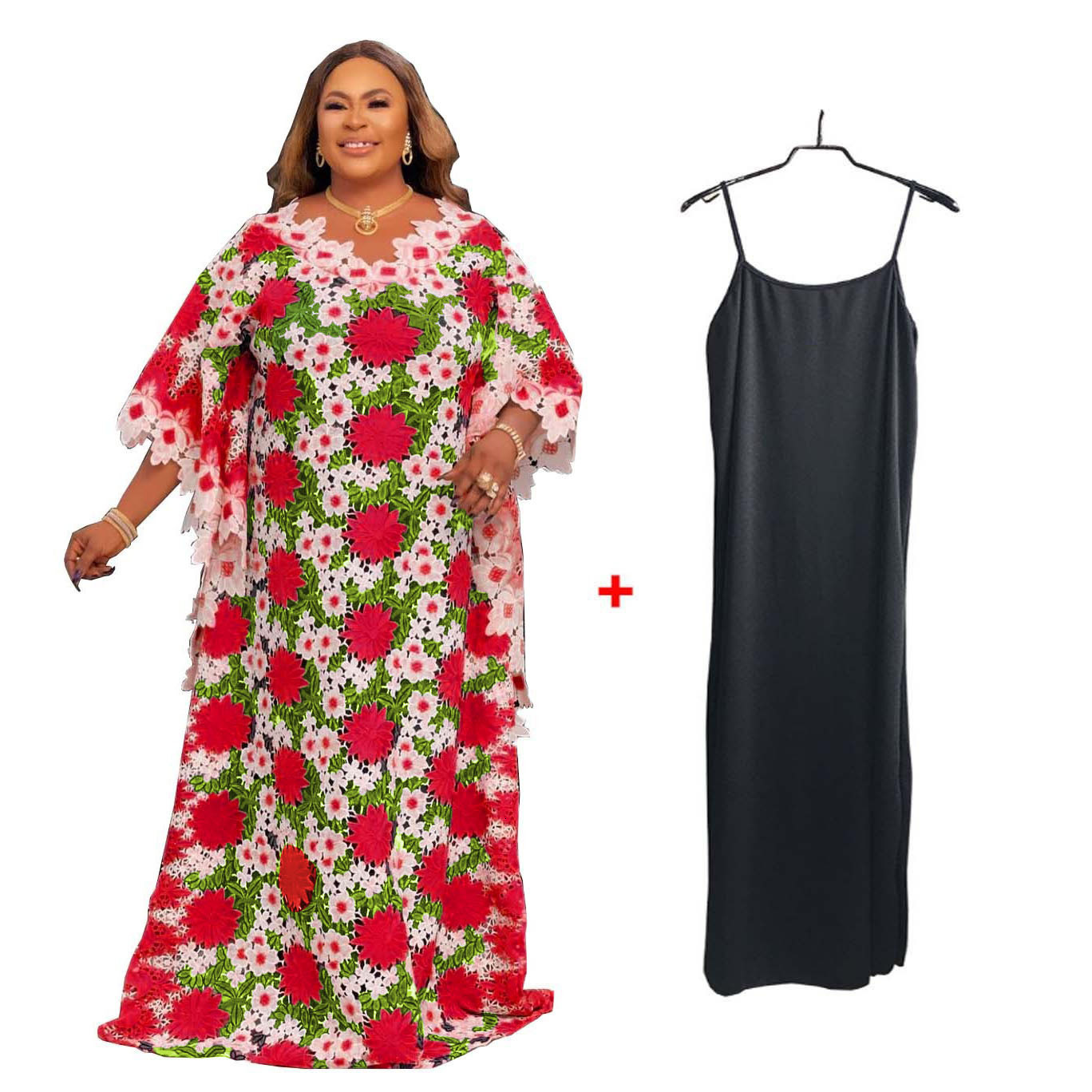 Plus Size Womens Lace Trim Hollow Embroidery Batwing Sleeve Floor-Length Dress240730
