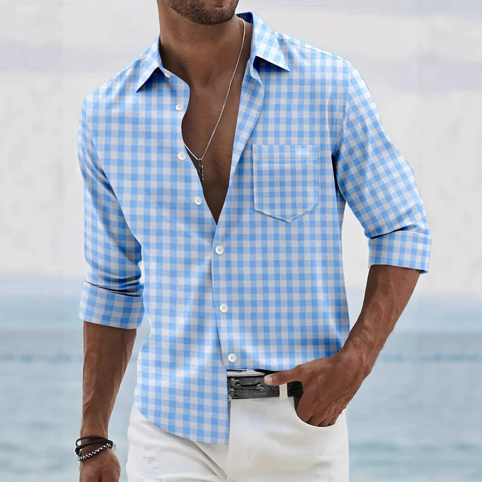 Mens plaid shirt long sleeve fashion casual four seasons lapel shirt red plaid shirt fabric comfortable and breathable Y250819
