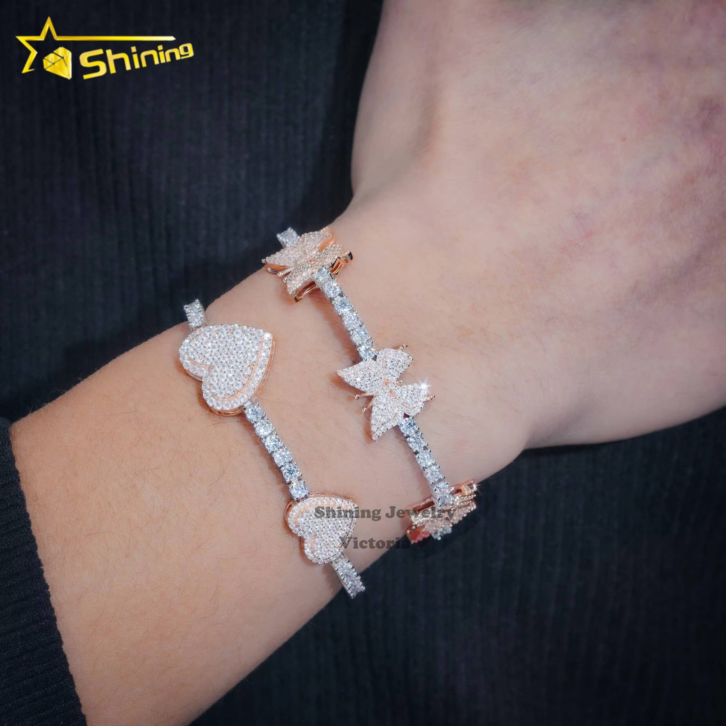 New Arrival 3mm Charm Bracelet 925 Silvert 14k Gold Vvs Moissanite Diamond butterfly and Heart Tennis Bracelet for Women Men
