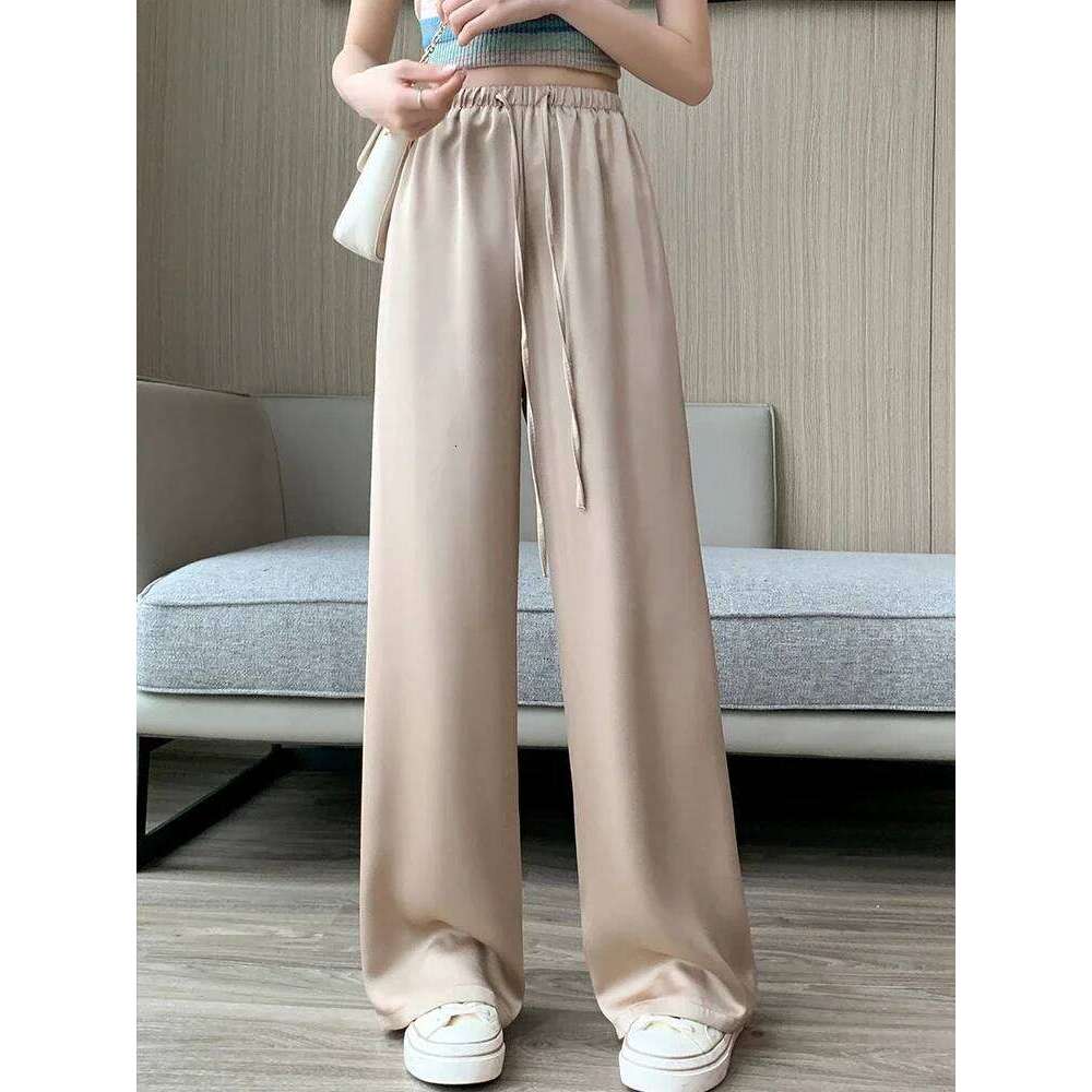 Women's Wide Leg Summer Ice Silk Straight Trousers High Waist Ladies Casual Loose Satin Soft Full-length Pants for Women