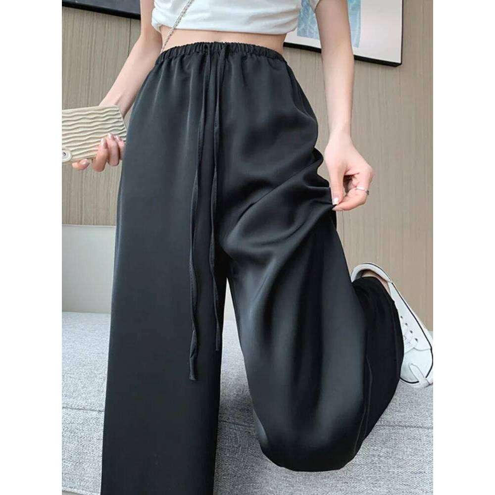Women's Wide Leg Summer Ice Silk Straight Trousers High Waist Ladies Casual Loose Satin Soft Full-length Pants for Women