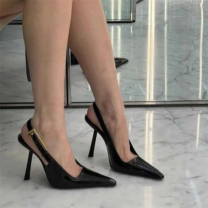 Same Style Rose Black Sandals 2025 Designer Shoes Spring Summer New Metal Buckle Pointed Toe Stiletto High Heels for Women