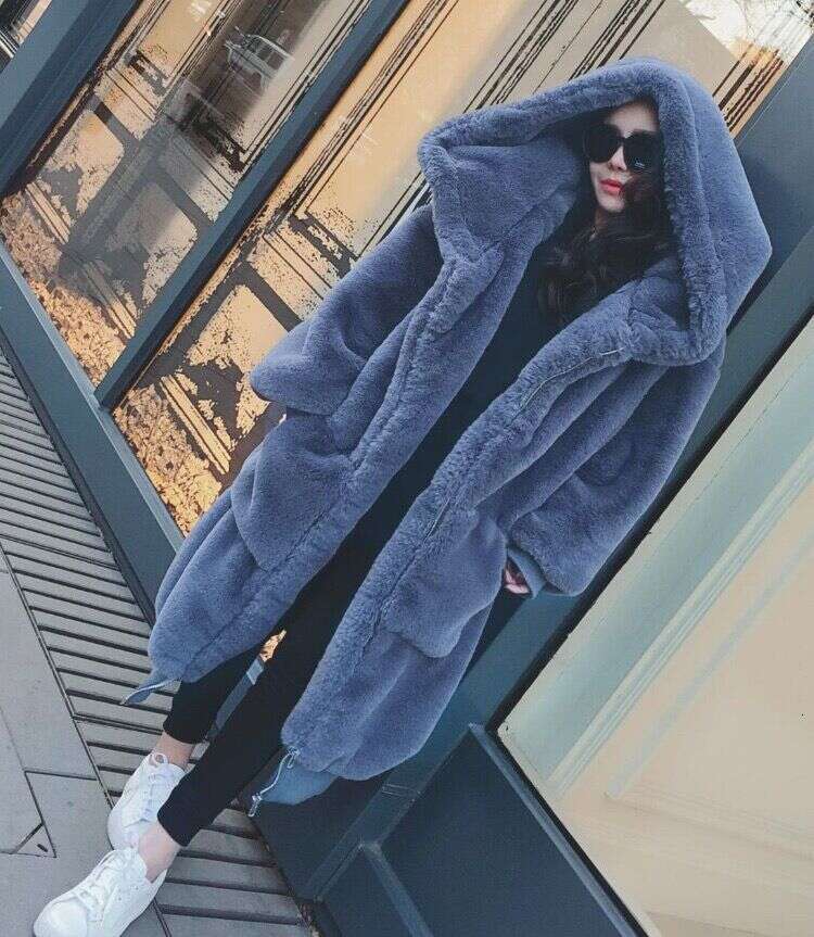 Women's Hooded Faux Fur Coat, Mid Length Coats, Loose Plush, Thickening, Warm, Casual, Fashion, Autumn, Winter, New, 2025
