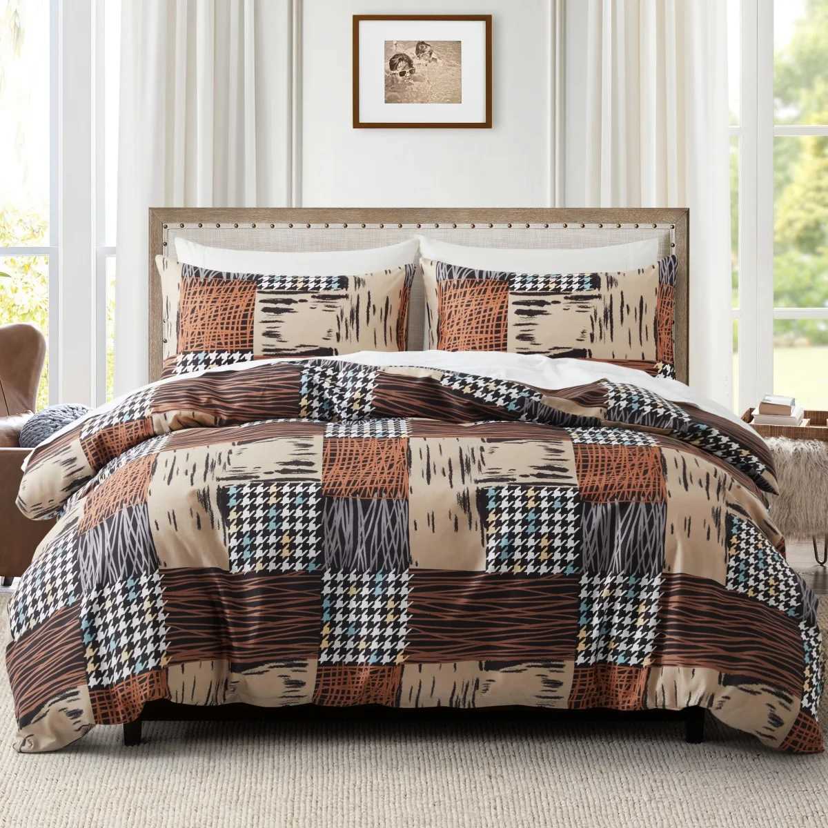 Geometric Lines Duvet Cover Set Full Queen ic Houndstooth Bedding Set Reversible Rustic Farmhouse Patchwork Comforter Cover Y250819
