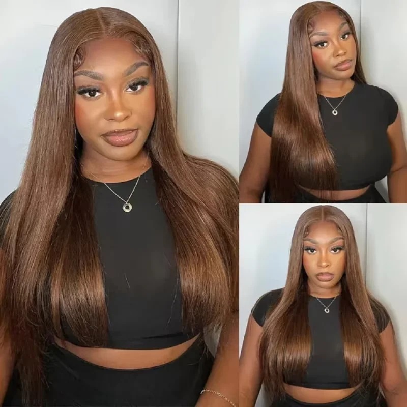 Chocolate Brown Colored Gluelesss 13x4 HD Lace Front Human Hair Wigs High Density Hd Transparent Lace Raw Indian Straight Human Hair Frontal Wigs