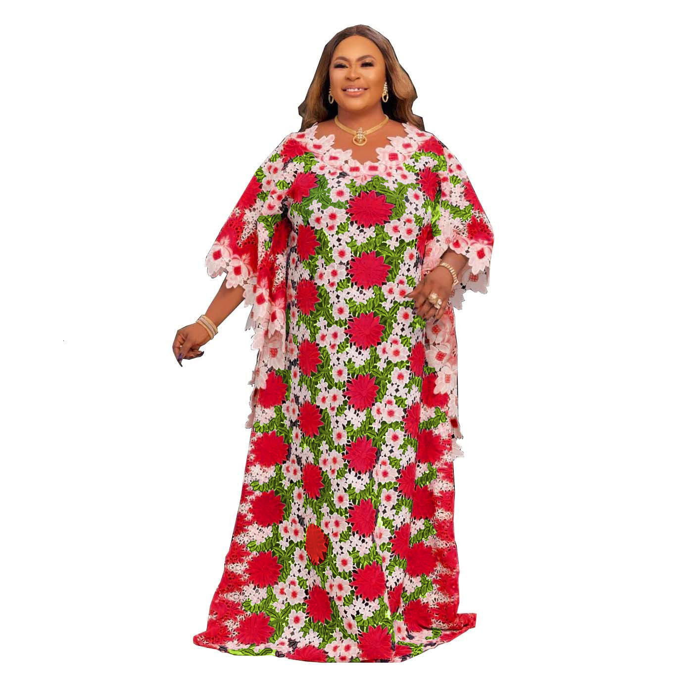 Plus Size Womens Lace Trim Hollow Embroidery Batwing Sleeve Floor-Length Dress240730