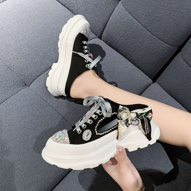 2023 Summer New Fashion Women's Lace-up Casual Slippers Versatile Mid-Heel Breathable Rhinestone White Shoes