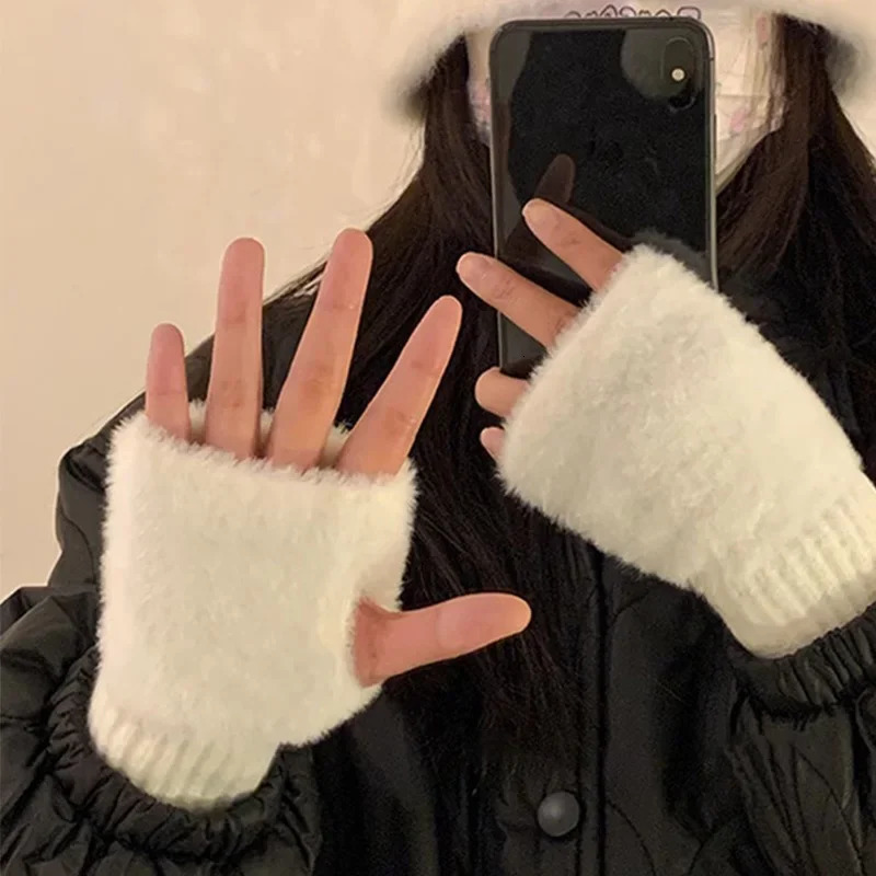 Soft Winter Half Finger Glove Warm Solid White Plush Knitted Fingerless Gloves Wrist Mittens Writting 250811