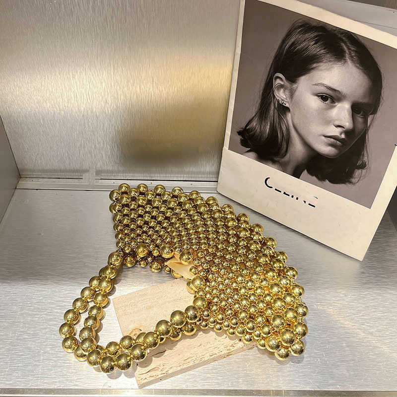 Golden High-End Niche Handbag Fan-Shaped Beaded Bag for Women Hot-Selling New Crossbody Handmade Hollow Evening Bag