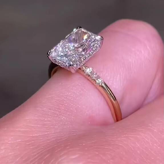 Luxury Moissanite Ring 14k/18k Solid Gold Hidden Halo 2.5ct Radiant 3 Pave VVS Moissanite Engagement Ring for Women