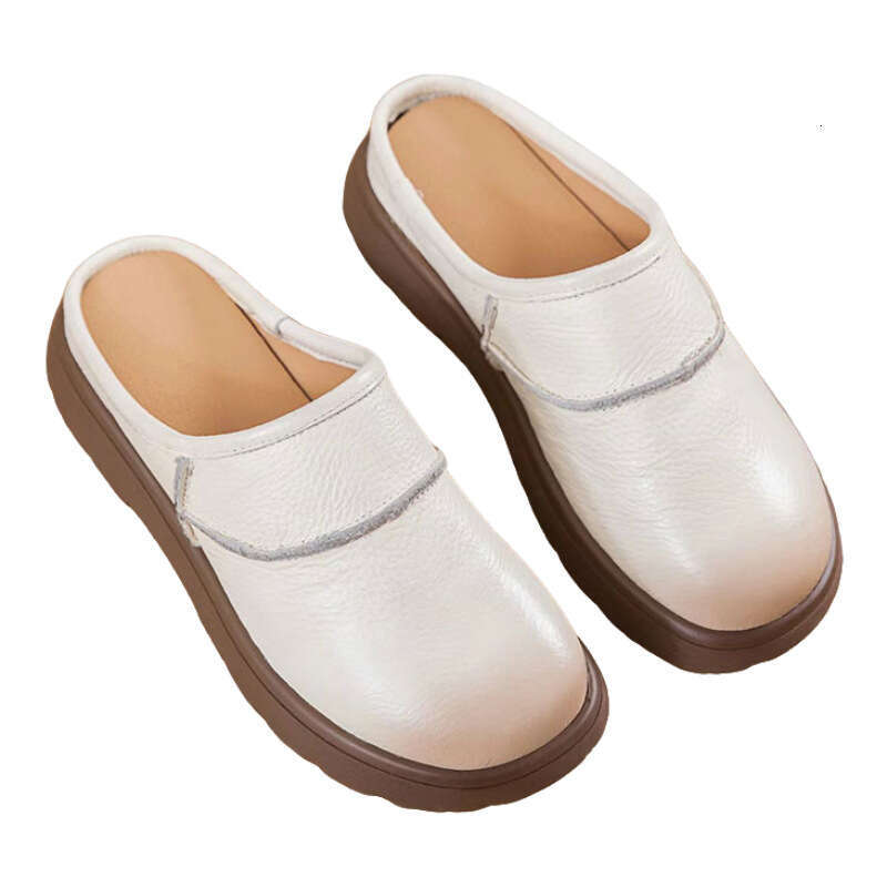Cowhide Closed-Toe Soft Sole Half Slippers Women 2025 Summer New Versatile Genuine Leather Flat Sandals for Outdoor Wear