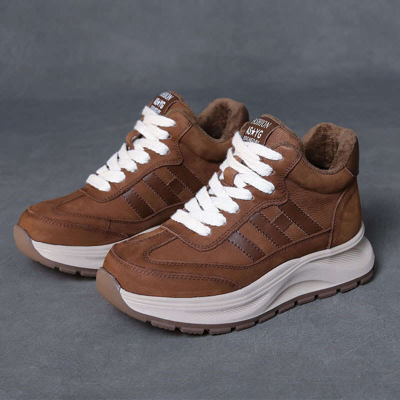 2024 Winter New Top Layer Cowhide High-Top Forrest Gump Shoes Women Korean Style Casual Sneakers with Fleece Lining for Warmth