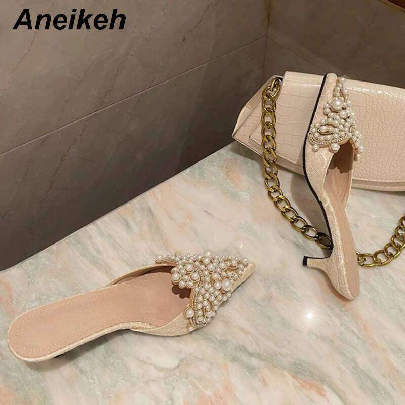 Aneikeh Spring/Autumn Fashion Sexy Women Shoes Elegant String Bead Crystal Patchwork Slip-On 35-42 Thin Heels Slipper NEW 2025