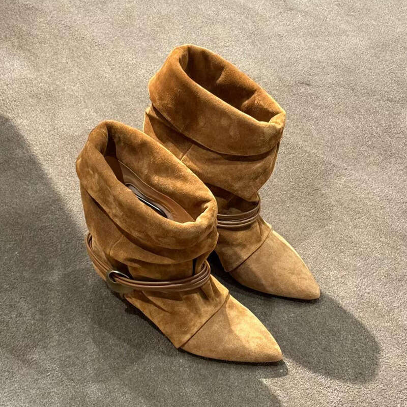 Sheepskin Version~ Pointed Toe Ankle for Women, Height Increasing, Wrinkled, Two-Way Wear, Niche Suede Cat Heel Western Slouch Boots