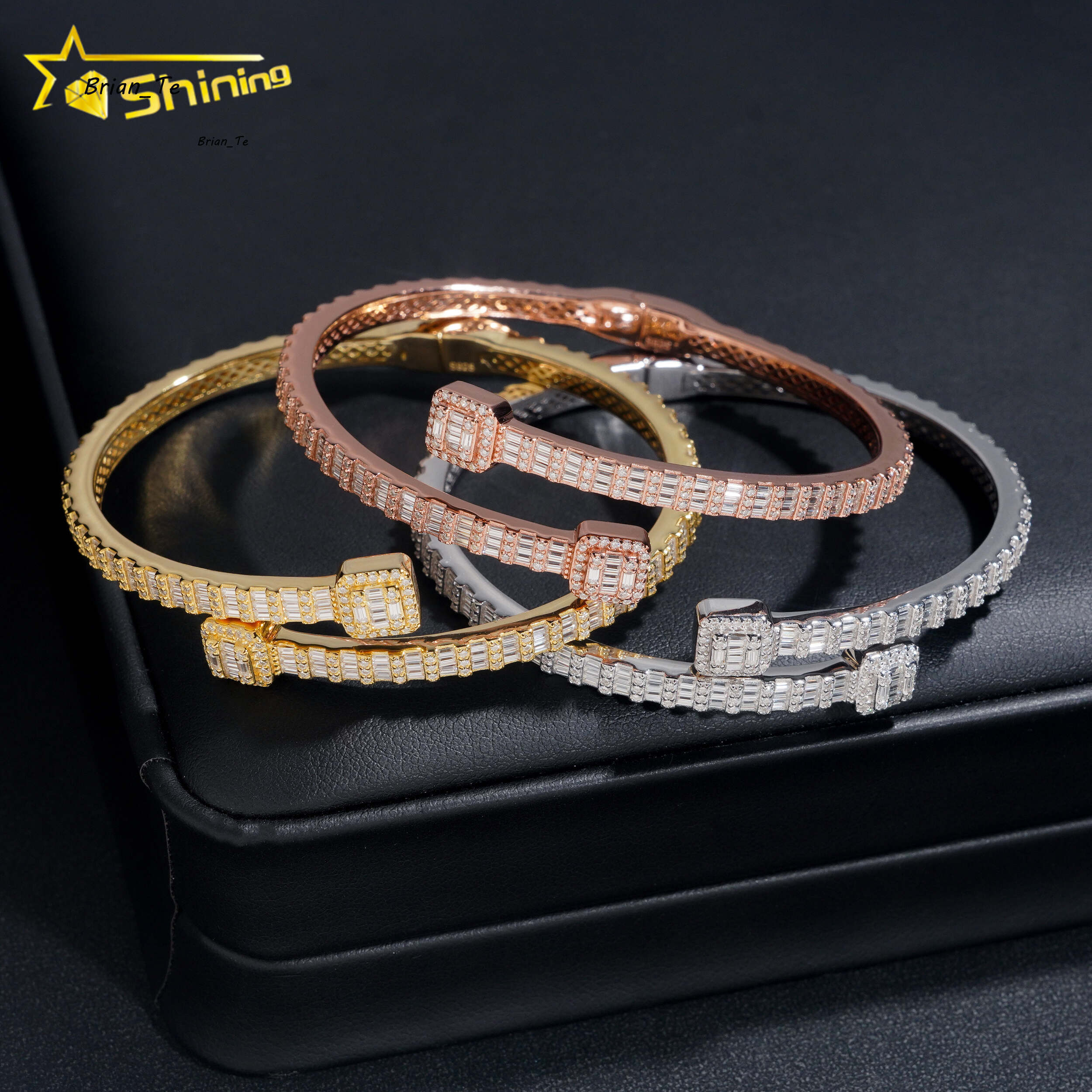 Ready Shipping Fine Jewelry S925 Silver Gold Plated VVS Baguette Moissanite Diamond Bangle Bracelet GRA Certificated