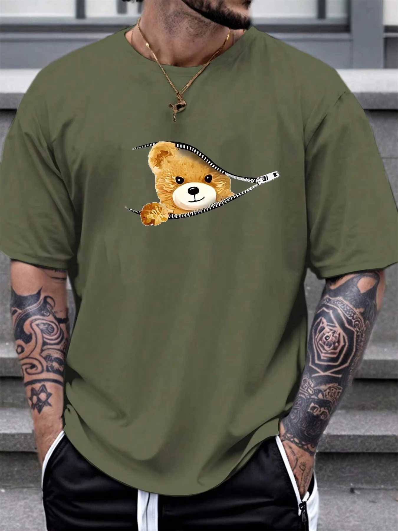 100% Cotton mens T-shirt Summer Loose Fitting Casual Tops Stylish Bear Pattern Print Comfortable Round Neck Short Sleeved Y250819