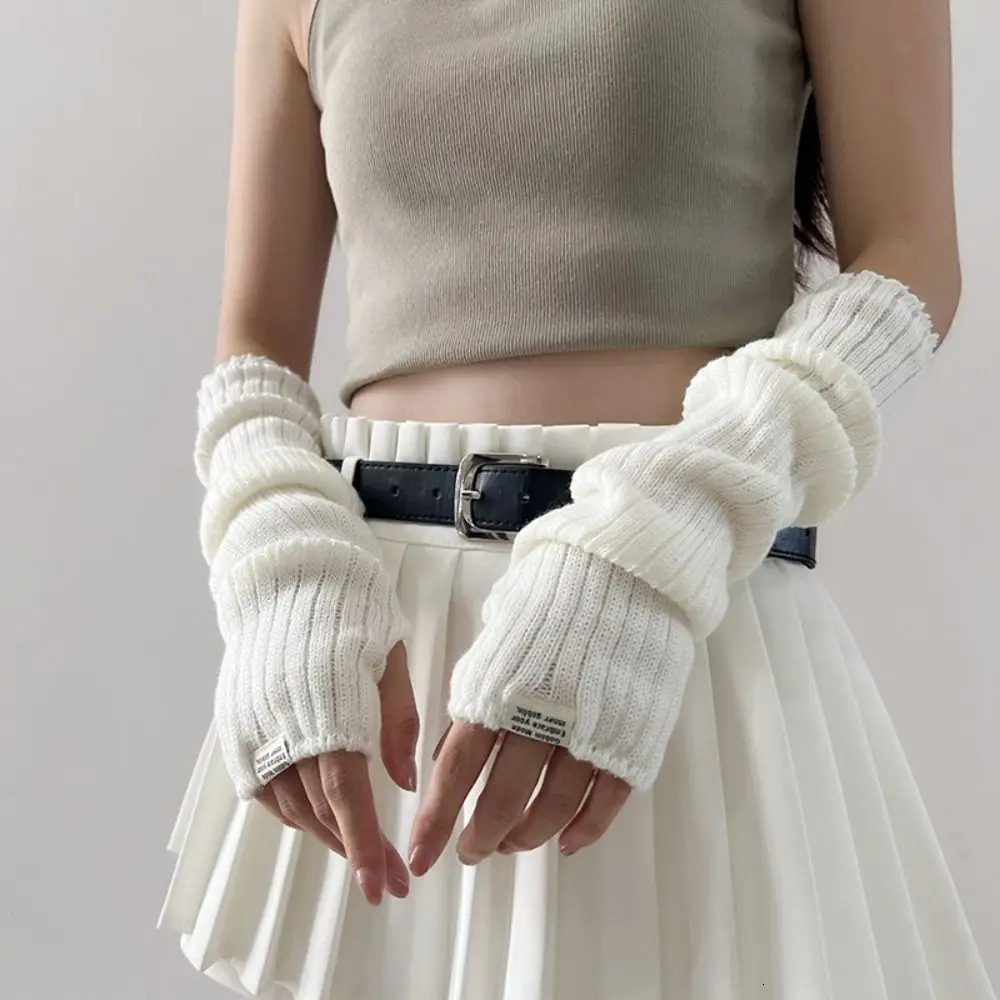 Fingerless Long Wrist Gloves Arm Warmers False Sleeves Knitted Finger Cover Black White Half 250811
