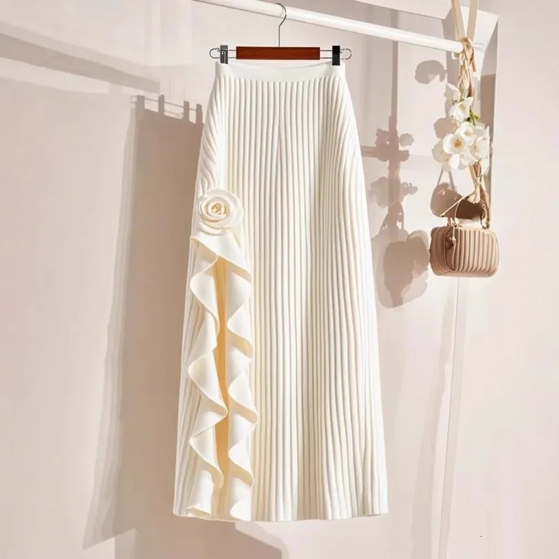 Spring Autumn Winter Elegant Irregular Pleated Skirt for Women Elastic A-line High Waist Midi Skirt White Black Flower Skirts 250820
