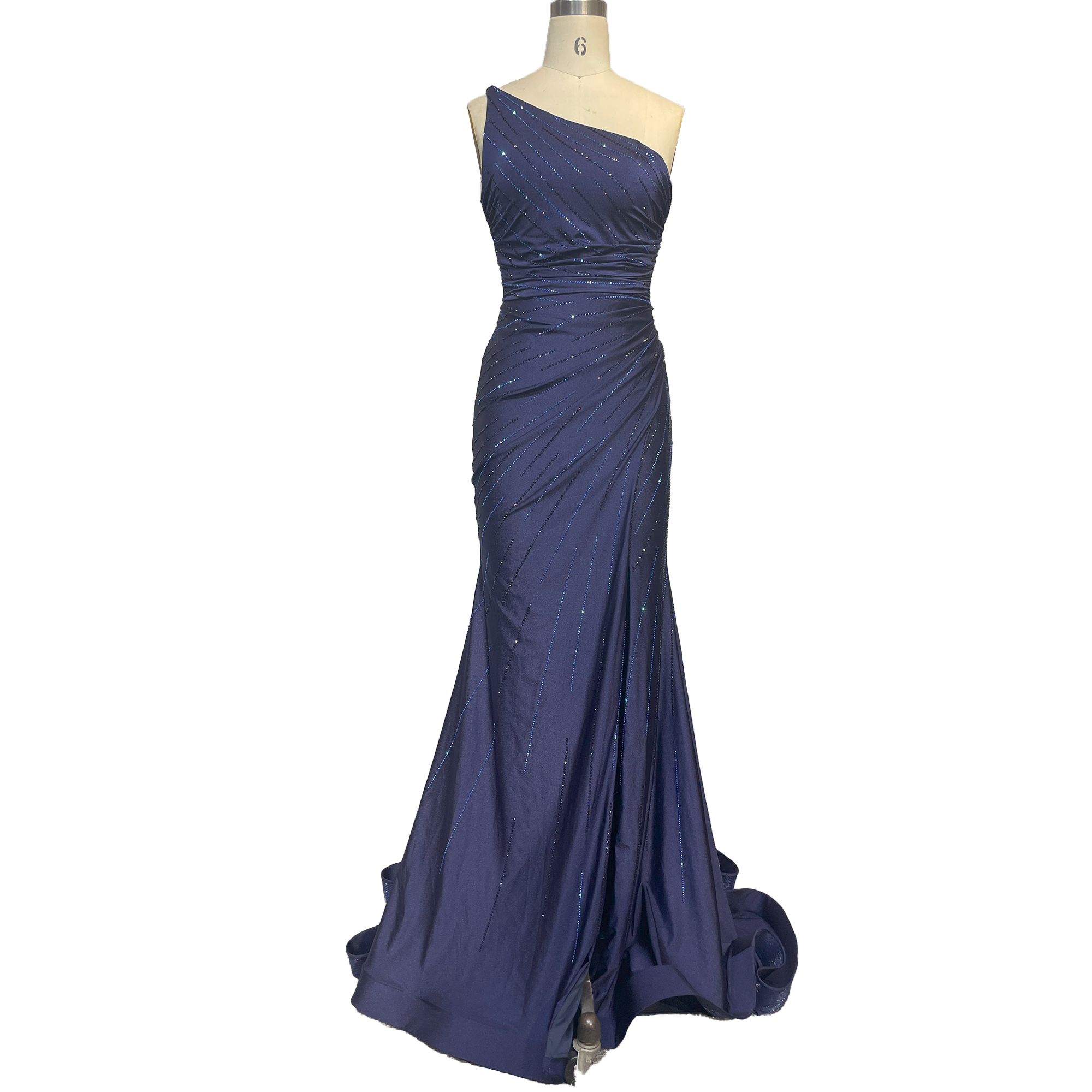 One - Shoulder Navy Blue Sequin Embellished Mermaid Evening Gown