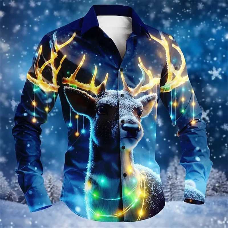 3D Print Christmas Elk Snowflake Graphic Shirts For Men Fashion Casual Mens Long Sleeve Button Up Shirt New In Plus Size Blouse Y250819