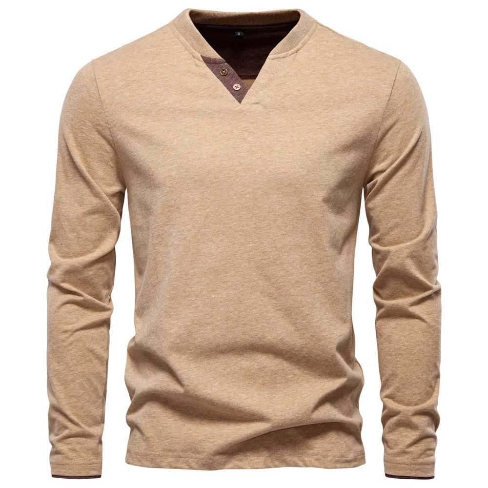2025 Autumn Mens T-shirt 100% Cotton Henley T Shirt Men Casual Solid Color Long Sleeve Comfortable Fashion T-shirts for Men Y250819