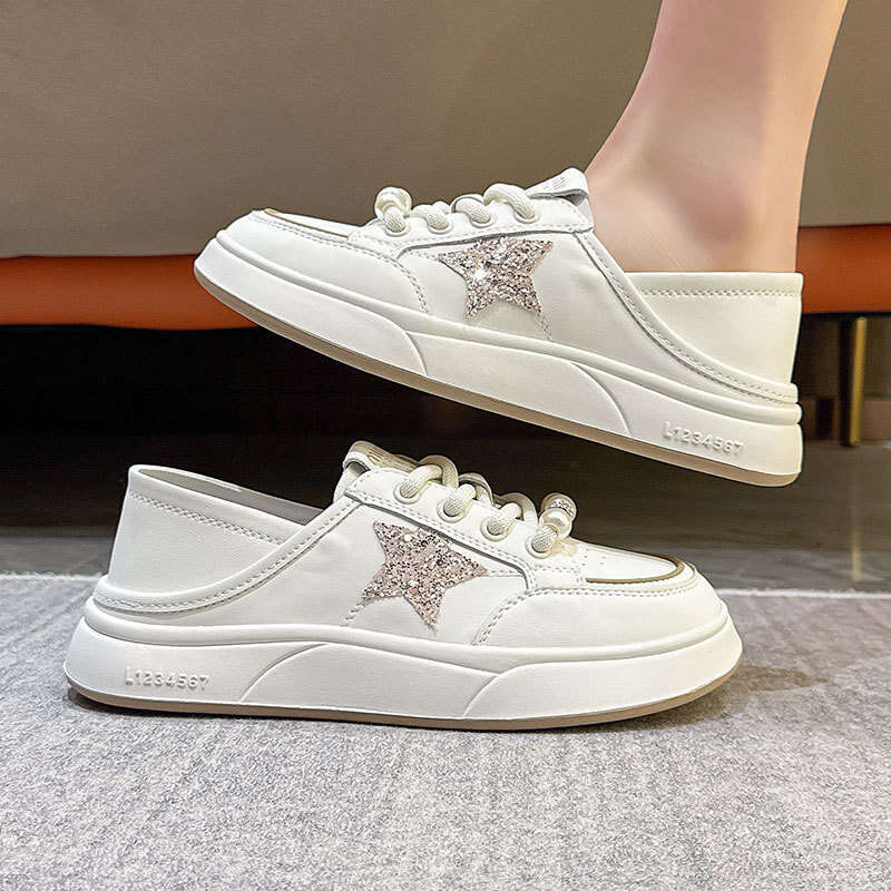 2025 New Genuine Leather White Shoes, Niche Women's Pearls and Pentagram, Flat Sneakers with a High-End Feel, Two-Way Wear Shoes