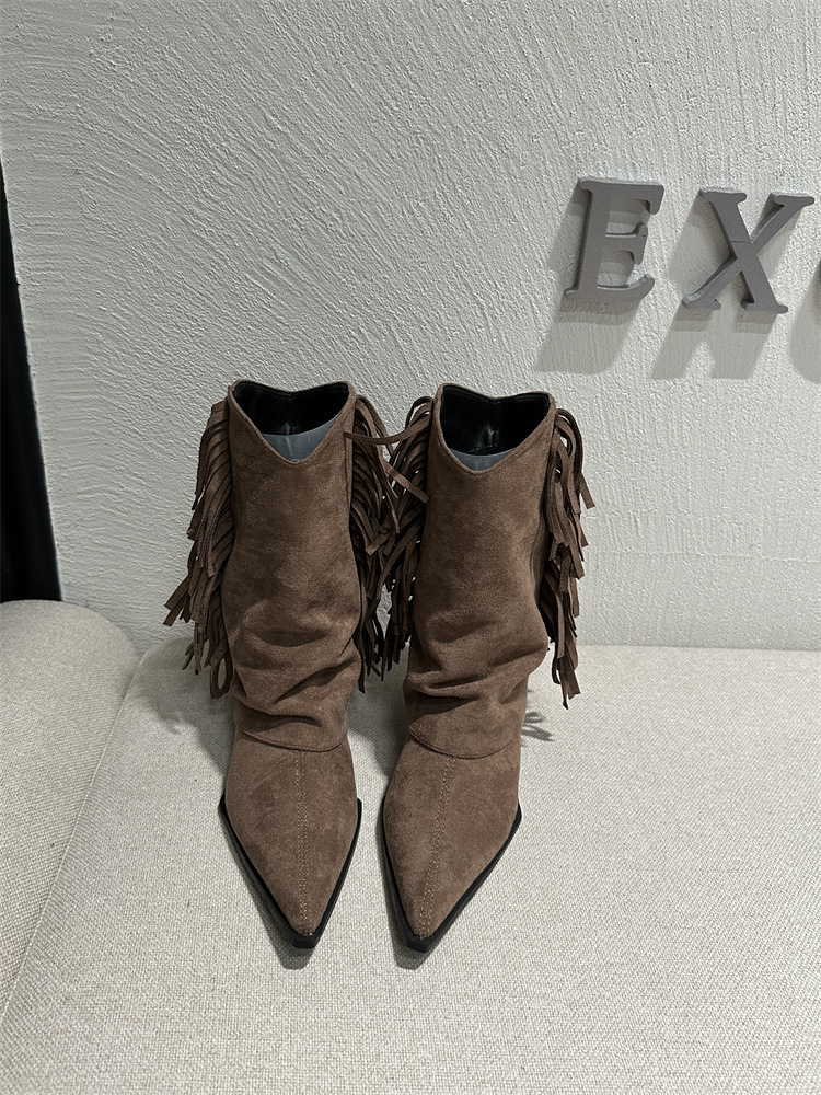 Real leather black grey pointed toe ankle for women 8 cm high heel fringe tassel short boots ladies bota feminina Y200115