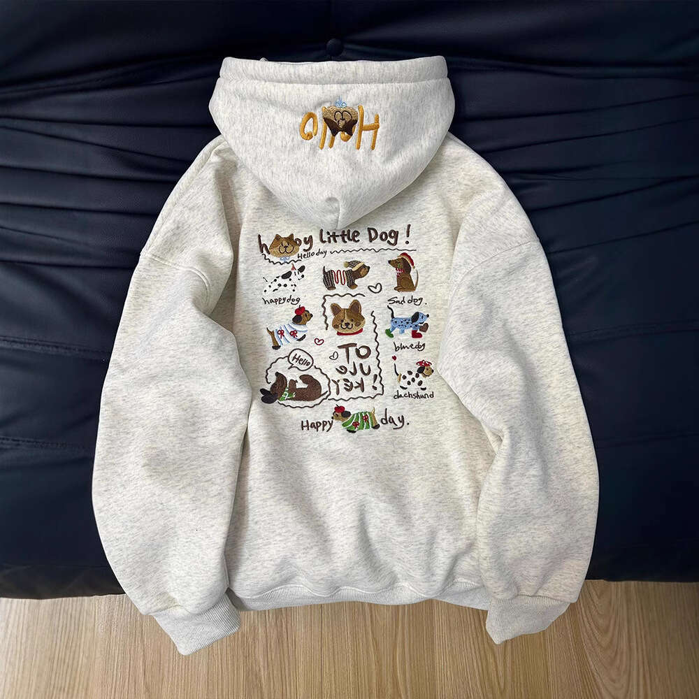Cute Dachshund Puppy Print Hoodie for Women, Autumn and Winter Fleece-Lined, High-End Niche Ins Style, Casual Loose Jacket