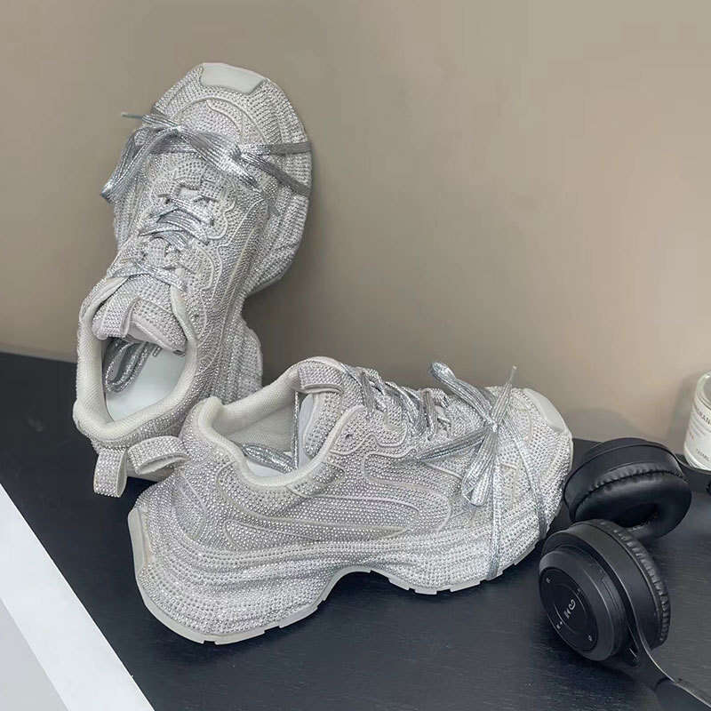 Women's Dad Sneakers Ins Super Popular Full Diamond Lace-up Casual Angora Red Niche Design Stylish Rhinestone Single Shoes