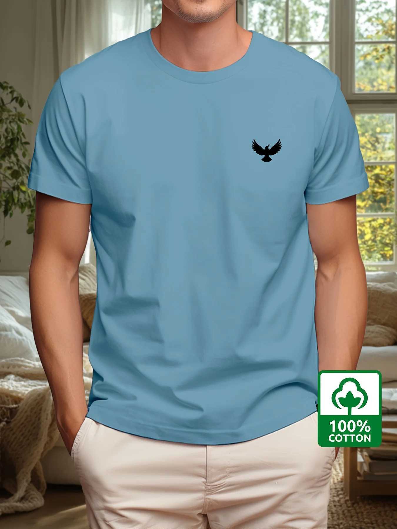 Mens Summer 100% Cotton Fashion Sports and Leisure Loose Dove and Peace Pattern Printed Round Neck Short Sleeve T-shirt Top Y250819