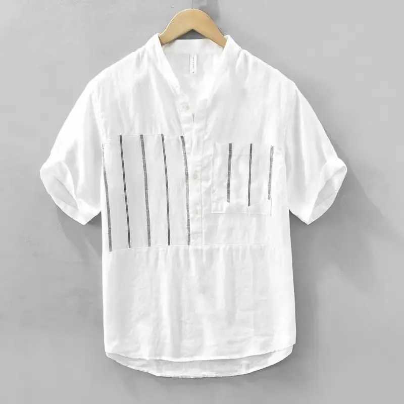 Fashionable Simple Short-sleeved Shirt Summer New Stand Collar Trendy Striped Spliced casual and Versatile Handsome Top Y250819