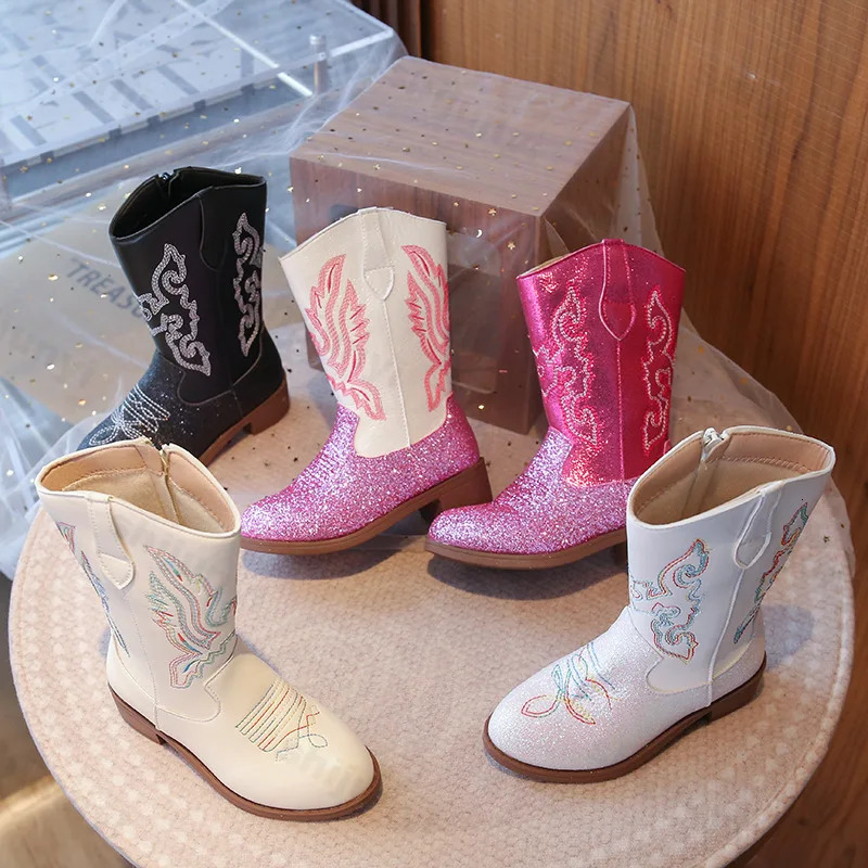 Girls Boots Toddler Snow Gear Mid Calf Glitter Western Cowboy Boot 2025 Autumn Big Kid Riding Girls Botas Size 2736 Kids Shoes 250902