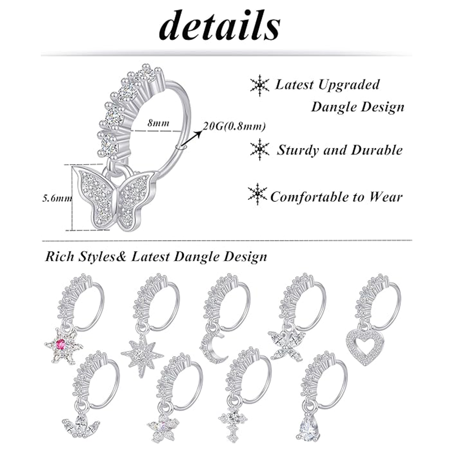 10Pcs Dangle Nose Rings Hoop Butterfly Heart Moon Flower Star CZ Cartilage Earring Dangling Nose Body Piercing Jewelry 20G Silver Tone