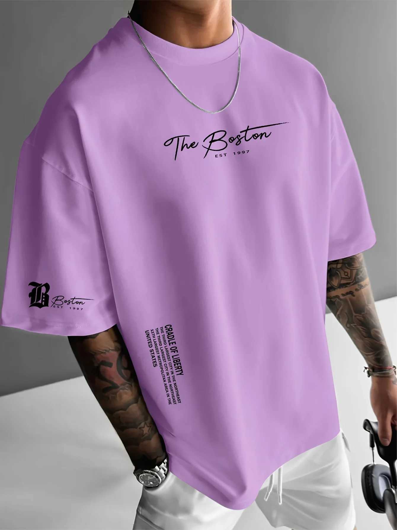 Mens summer 100 cotton fashionable casual sports loose Boston city slogan printed round neck short sleeved T-shirt top Y250819