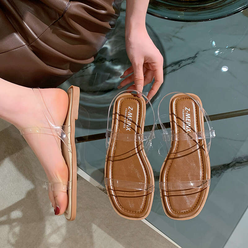 Transparent Flat Sandals for Women, Summer 2023 New Fairy Style Internet Celebrity Soft Sole Slip-On Beach Shoes