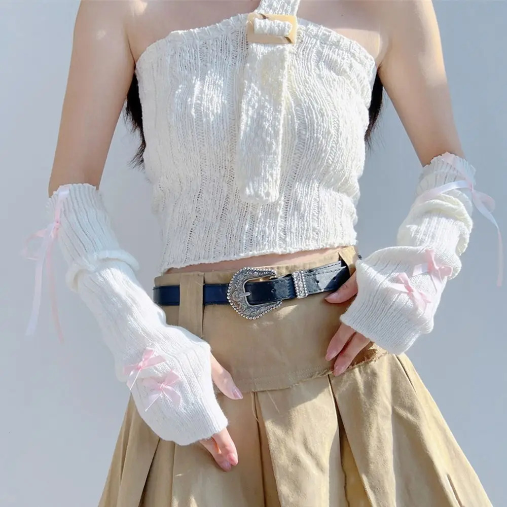 Female Y2K Fashion Arm Warmers Bowknot Soft Knitted Glove Girl Half Finger Mittens Solid Color Thicken Sleeves 250811