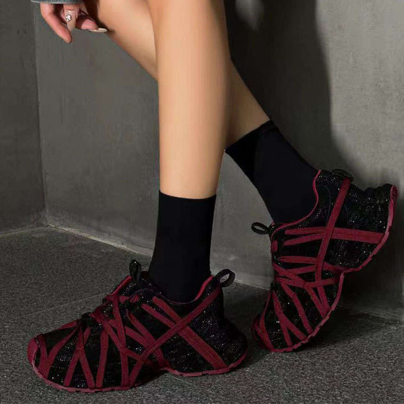 Paris Starry Sky Rhinestone Thick-Soled Dad for Women 3XL Lace-Up Style Ancora Red New Casual Trendy Breathable Shoes