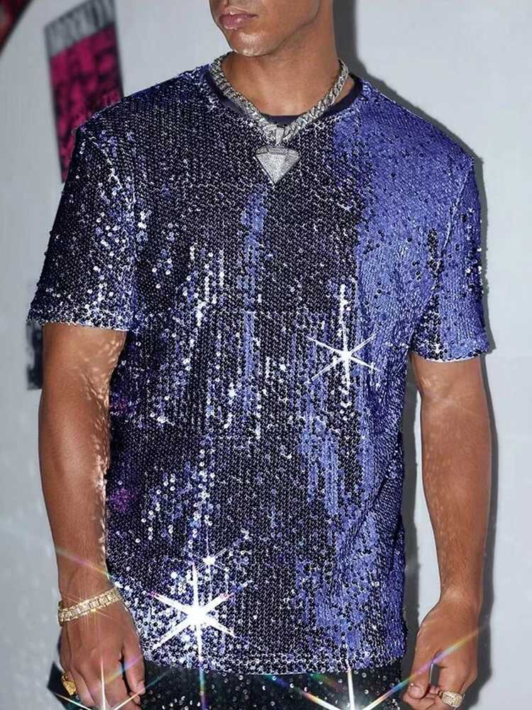 Vintage Mens Sequin T Shirts Fashionable Plaid Glitter Designer T-shirt Men Summer New Casual Short Sleeve O Neck Shinny Tees Y250819